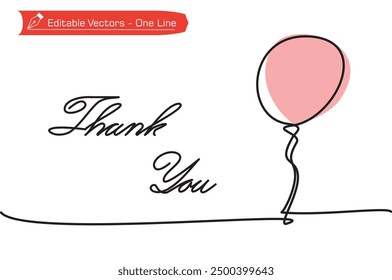 One continuous line of handwritten thank you letter and decorated gas balloon illustration isolated white background. Vector illustration of a simple line drawing of a balloon and writing thank you.