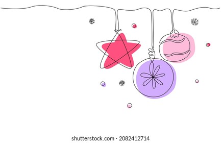 One continuous line hanging star and balls, snowflakes and confetti. Line art winter illustration with abstract shapes