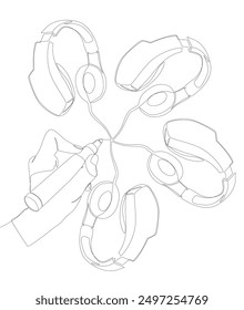 One continuous line of Headphones drawn with a pencil, felt tip pen. Thin Line Illustration vector concept. Contour Drawing Creative ideas.