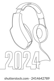 Una línea continua de auriculares y el número 2024. Concepto vectorial de Ilustración de líneas delgadas. Contour Drawing Ideas Creativas.