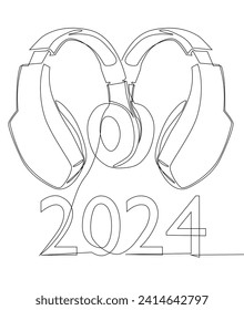 Una línea continua de auriculares y el número 2024. Concepto vectorial de Ilustración de líneas delgadas. Contour Drawing Ideas Creativas.