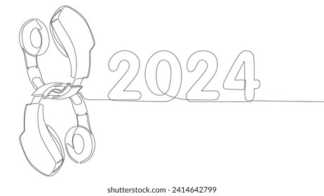 One continuous line of Headset and number 2024. Thin Line Illustration vector concept. Contour Drawing Creative ideas.