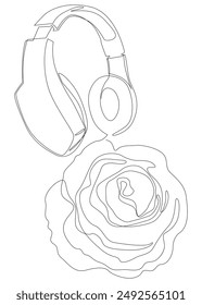One continuous line of Headset with rose flowers. Thin Line Illustration vector concept. Contour Drawing Creative ideas.