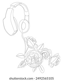 One continuous line of Headset with rose flowers. Thin Line Illustration vector concept. Contour Drawing Creative ideas.