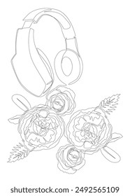 One continuous line of Headset with rose flowers. Thin Line Illustration vector concept. Contour Drawing Creative ideas.