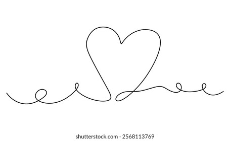 One continuous line heart drawing. Minimalist linear romantic love symbol heart shape for valentines day greeting card design. Vector isolated illustration.