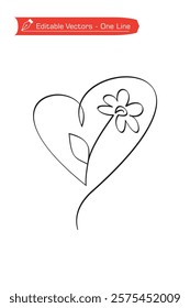 One continuous line of a heart flower image. Vector illustration of one line of a flower stem with a heart frame. Love flower icon.