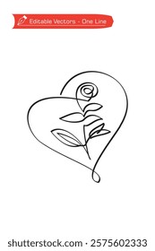 One continuous line of heart framed flower image. Vector illustration of simple one line hand drawn heart flower design. Heart design symbol of love and affection.