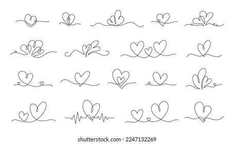 One continuous line heart. Hand drawn connected couple hearts, minimalist love flourish and romantic decoration vector set. Valentine day holiday decor isolated on white, wedding card design