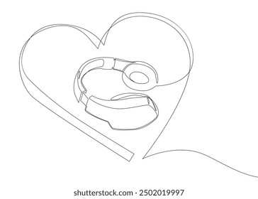 One continuous line of Heart and Headphones. Thin Line Illustration vector concept. Contour Drawing Creative ideas.
