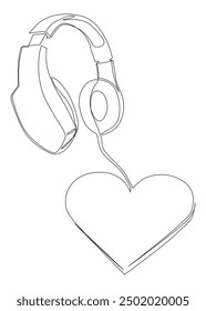 One continuous line of Heart and Headphones. Thin Line Illustration vector concept. Contour Drawing Creative ideas.
