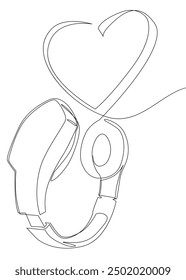 Una línea continua de corazón y auriculares. Concepto de Vector de ilustración de línea delgada. Contour Dibujo Ideas creativas.