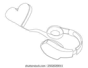 One continuous line of Heart and Headphones. Thin Line Illustration vector concept. Contour Drawing Creative ideas.