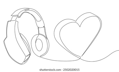 One continuous line of Heart and Headphones. Thin Line Illustration vector concept. Contour Drawing Creative ideas.