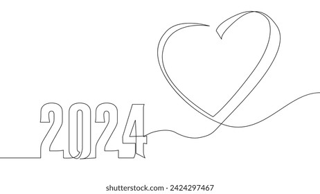 One continuous line of Heart and number 2024. Thin Line Illustration vector concept. Contour Drawing Creative ideas.