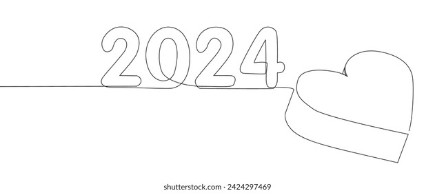 One continuous line of Heart and number 2024. Thin Line Illustration vector concept. Contour Drawing Creative ideas.