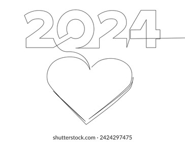 One continuous line of Heart and number 2024. Thin Line Illustration vector concept. Contour Drawing Creative ideas.