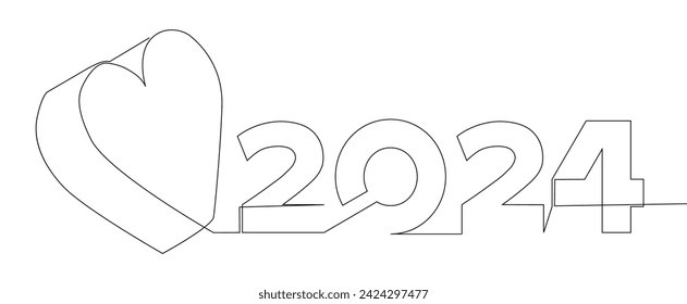 One continuous line of Heart and number 2024. Thin Line Illustration vector concept. Contour Drawing Creative ideas.