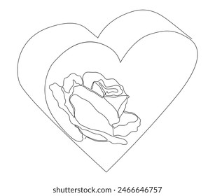 One continuous line of Heart with rose flowers. Thin Line Illustration Love vector concept. Contour Drawing Creative ideas.