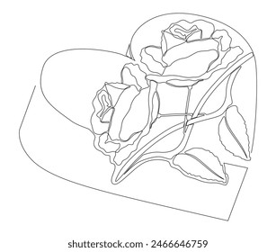 One continuous line of Heart with rose flowers. Thin Line Illustration Love vector concept. Contour Drawing Creative ideas.