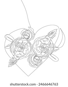 One continuous line of Heart with rose flowers. Thin Line Illustration Love vector concept. Contour Drawing Creative ideas.