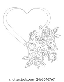 One continuous line of Heart with rose flowers. Thin Line Illustration Love vector concept. Contour Drawing Creative ideas.