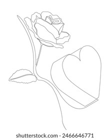 One continuous line of Heart with rose flowers. Thin Line Illustration Love vector concept. Contour Drawing Creative ideas.