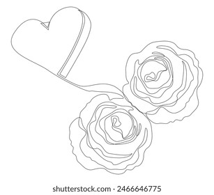 One continuous line of Heart with rose flowers. Thin Line Illustration Love vector concept. Contour Drawing Creative ideas.