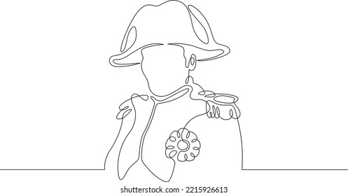 One continuous line. Historical character. French Emperor Napoleon Bonaparte. Soldier in a cocked hat. Soldier in dress uniform. One continuous line on a white background.