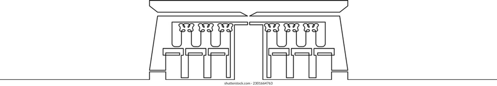 Una línea continua. Historia de la arquitectura. Edificios históricos. Atracción turística. Antiguo Egipto. Una línea continua dibujada aislada, fondo blanco.