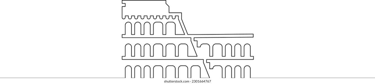 One continuous line. History of architecture. Historic buildings. Tourist attraction. Ancient Rome.Colosseum. One continuous line drawn isolated, white background.