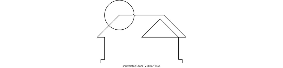 One continuous line. House logo. Building symbol. Building silhouette. House and sun. Rising sun on the background of the house. Minimal logo.One continuous line drawn isolated, white background.