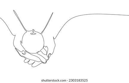 One continuous line illustration of apple in hands. Continuous line drawing of apple in hand. Vector illustration.