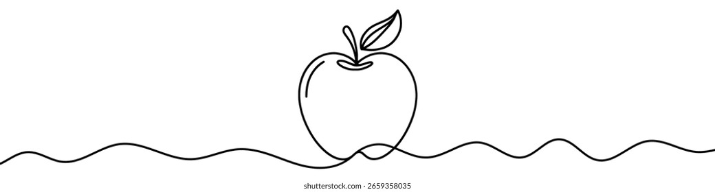  One continuous line illustration of an apple, isolated on white background. Line art of apple.