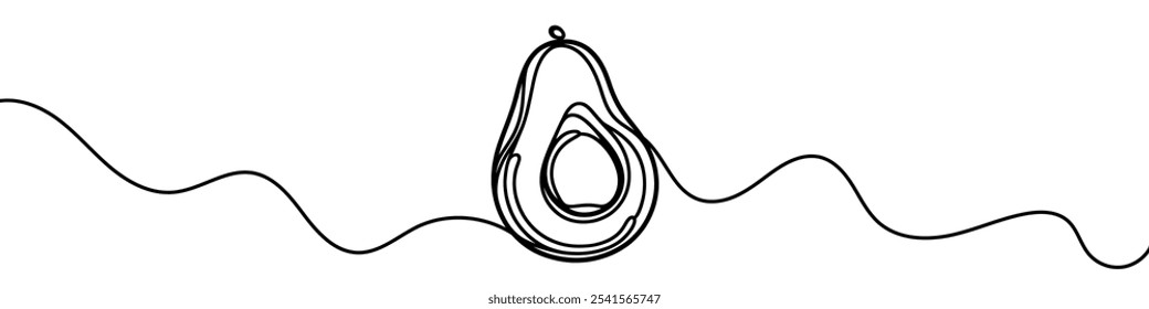  One continuous line illustration of an avocado, isolated on white background. Line art of an avocado.