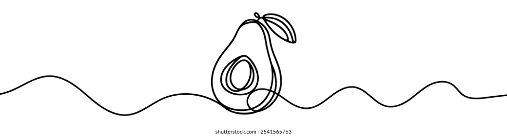  One continuous line illustration of an avocado, isolated on white background. Line art of an avocado.