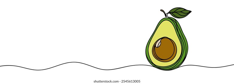 One continuous line illustration of an avocado, isolated on white background. Line art of an avocado