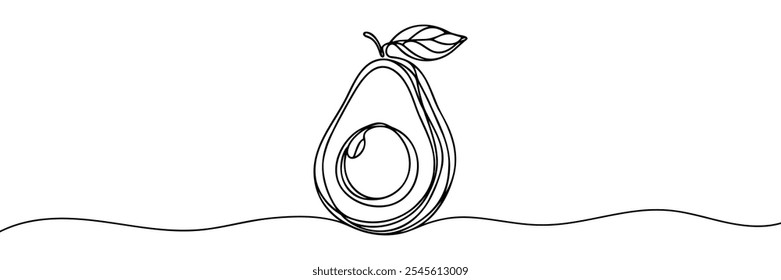 One continuous line illustration of an avocado, isolated on white background. Line art of an avocado