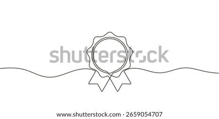 One continuous line illustration of award medal with ribbon. Continuous line drawing of winning award badge. Vector illustration.