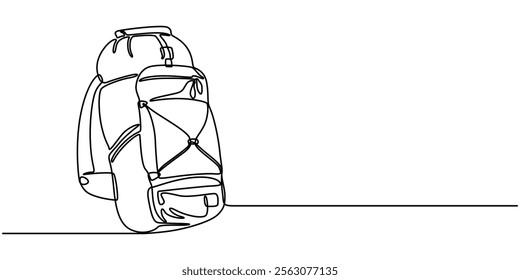 One continuous line illustration of a backpack, isolated on white background, Continuous one line drawing backpack. Camping backpack vector hand drawn silhouette clipart. Sketch isolated on white.