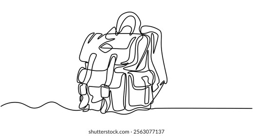 One continuous line illustration of a backpack, isolated on white background, Continuous one line drawing backpack. Camping backpack vector hand drawn silhouette clipart. Sketch isolated on white.