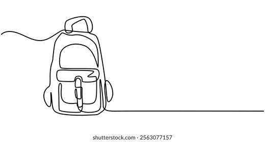 One continuous line illustration of a backpack, isolated on white background, Continuous one line drawing backpack. Camping backpack vector hand drawn silhouette clipart. Sketch isolated on white.