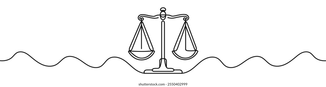 One continuous line illustration of a balance scale, isolated on white background. Line art of a balance scale.