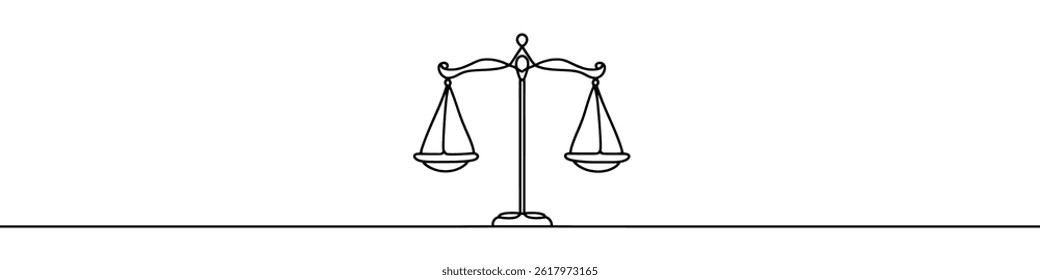 One continuous line illustration of a balance scale, isolated on white background. Line art of a balance scale.
