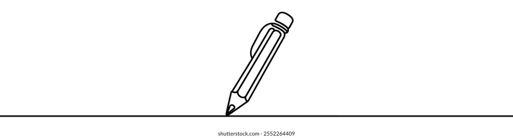 One continuous line illustration of a ballpoint pen, isolated on white background. Line art of a ballpoint pen
