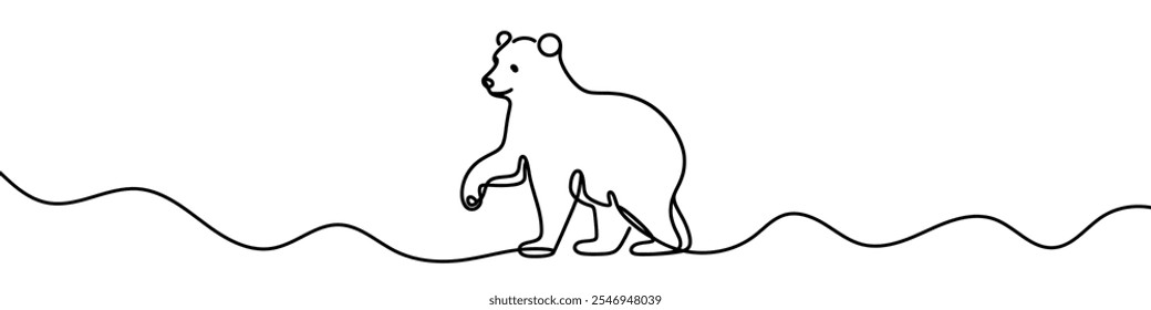 One continuous line illustration of a bear, isolated on white background. Line art of bear