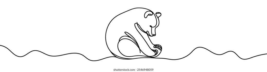 One continuous line illustration of a bear, isolated on white background. Line art of bear
