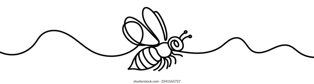  One continuous line illustration of a bee, isolated on white background. Line art of bee