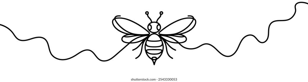 One continuous line illustration of a bee, isolated on white background. Line art of bee