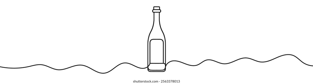 One continuous line illustration of a bottle of wine, isolated on white background. Line art of bottle of wine